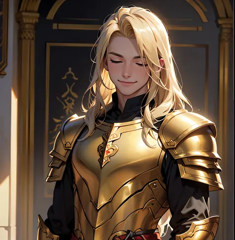 realistic: 1.37, best quality, 4k, 8k, high resolution, masterpiece: 1.2), ultra-detailed, male, a young man with fair skin, very long light blond hair, dressed in golden armor with straight hair. anatomically correct. Closed eyes, temple environment, smil...