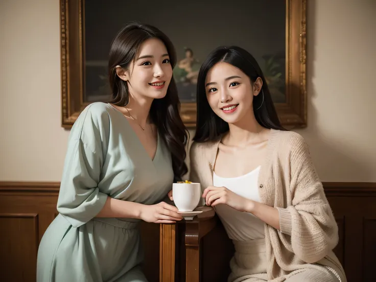 full body portrait ,flower,rose,antique,laughter,,sweet and enchanting appearance.、caravaggio painting、caravaggio&#39;chiaroscuro,Two women having fun,cute smile, expression of ecstasy