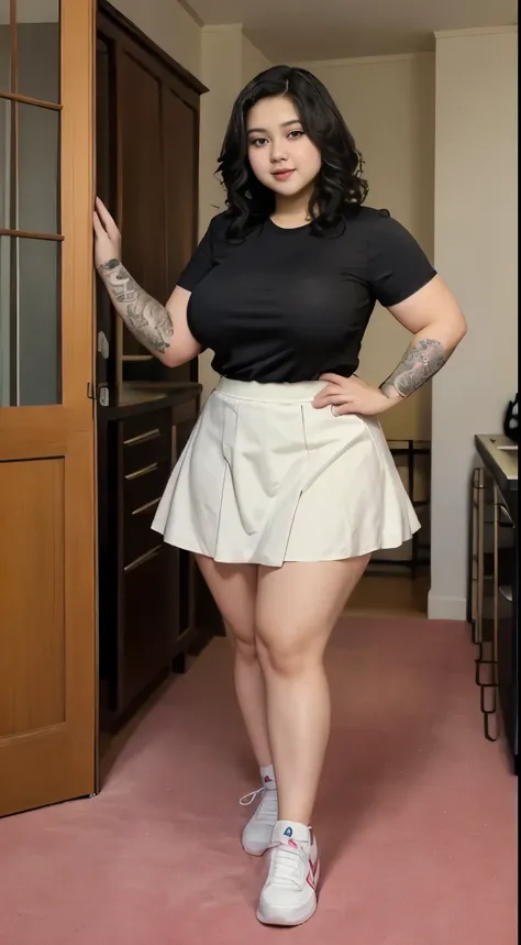 ((best quality)), ((masterpiece)), (detailed), perfect face, ((best quality)), ((masterpiece)), (detailed), perfect face, wanita chubby dewasa, wearing thight dress and thight skirt, chubby cheeks, chubby arm, chubby thighs, big breasts, wearing a sneakers...