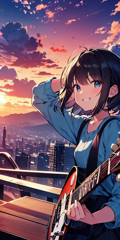 table top, highest quality,figure, wallpaper, Super detailed, absurd, 16 year old girl, alone, (medium short hair、play the guitar、smile、Overlooking the city from the top of the hill、the sunset is beautiful