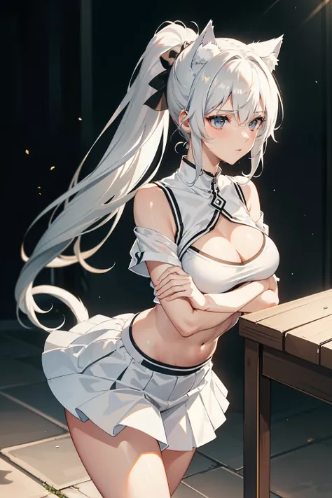 Anime girl with gray hair and cat ears,shy blush, perfect body,nice sexy body,pose of temptation,white sports short sleeves，white pleated skirt，white lace panties，white sports socks，white tennis shoes,cropped shoulder，wet hair，high ponytail，soaking wet bod...