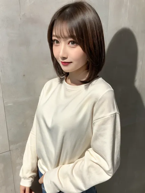 Ulchan-6500-v1.1, (RAW photo:1.2), (Photoreal), beautiful detailed girl, profile、woman looking sideways、(genuine: 1.4), short hair、long sleeve shirt、Taken in front of a white wall、very detailedな目と顔, beautiful and fine eyes、huge file size, High resolution, ...