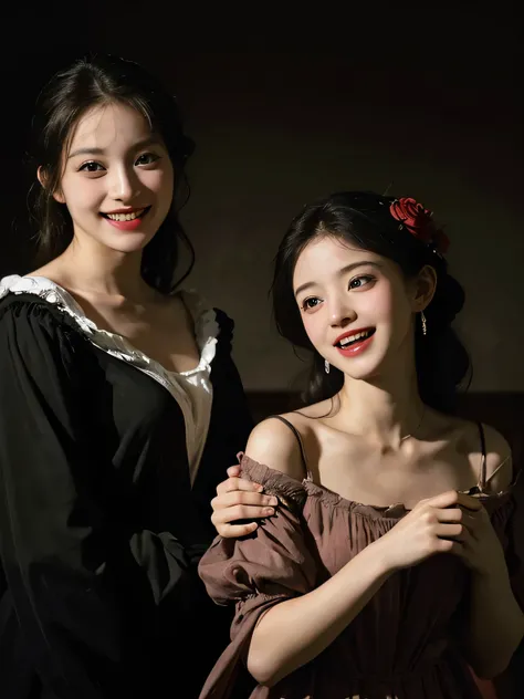 full body portrait ,flower,rose,antique,laughter,,sweet and enchanting appearance.、caravaggio painting、caravaggio&#39;chiaroscuro,Two women having fun,cute smile, expression of ecstasy