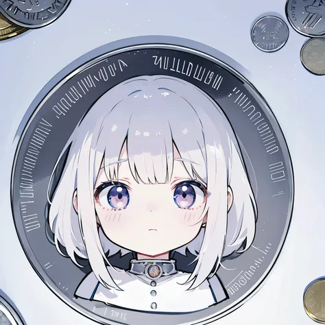 Photoreal、(((silver coin)))、silver coinの表面にはアニメのキャラクター（chibi girl、The lines are thick、Deformed）A picture is drawn of