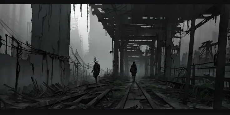 there is an anime picture from below a viaduct, digital concept art of dystopian, ruined city, (((anime style))), from evangelion, plants everywhere, bleak apocalyptic environment, set in post apocalyptic tokyo, dystopian environment, post apocalyptic toky...