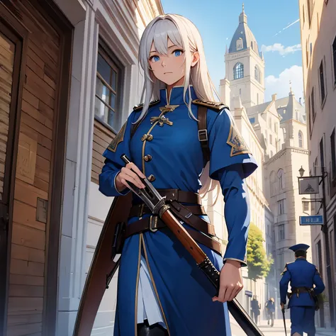 blue uniform big shield musket medieval fantasy in the city on guard guard