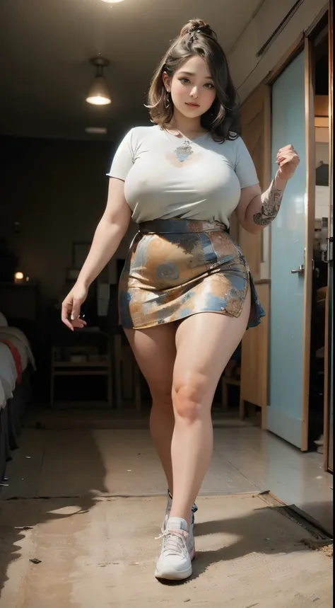 ((best quality)), ((masterpiece)), (detailed), perfect face, ((best quality)), ((masterpiece)), (detailed), perfect face, wanita chubby dewasa, wearing thight dress and thight skirt, chubby cheeks, chubby arm, chubby thighs, big breasts, wearing a sneakers...