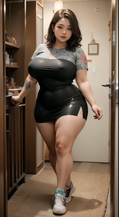 ((best quality)), ((masterpiece)), (detailed), perfect face, ((best quality)), ((masterpiece)), (detailed), perfect face, wanita chubby dewasa, wearing thight dress and thight skirt, chubby cheeks, chubby arm, chubby thighs, big breasts, wearing a sneakers...