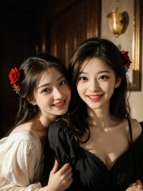 full body portrait ,flower,rose,antique,laughter,,sweet and enchanting appearance.、caravaggio painting、caravaggio&#39;chiaroscuro,Two women having fun,cute smile, expression of ecstasy