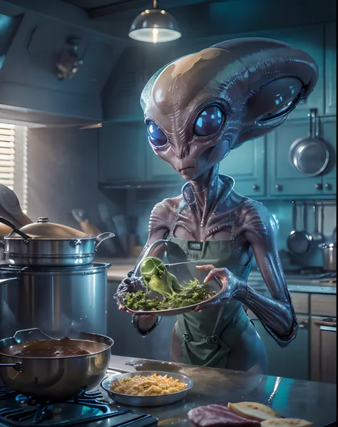 (an alien with a big head:1.4), apron and cooking in a kitchen, extraterrestrial, (best quality, 4k, highres, masterpiece:1.2), ...