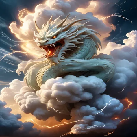 there is a dragon that is sitting on a cloud with lightning, a dragon made of clouds, storm dragon, cloud in the shape of a dragon, dragon in the sky, epic dragon, oil painting of dragon, lightning dragons attack, epic clouds and godlike lighting, god of d...