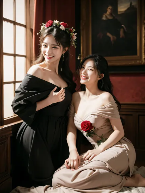 full body portrait ,flower,rose,antique,laughter,,sweet and enchanting appearance.、caravaggio painting、caravaggio&#39;chiaroscuro,Two women having fun,cute smile, expression of ecstasy,sexy