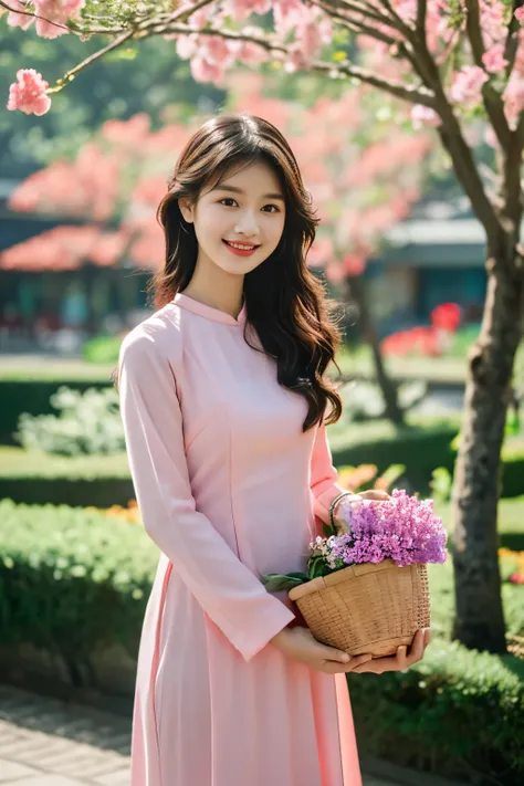 aodai, smile, photographed on a nikon z7 ii mirrorless camera,120mm f/4 wide-angle
a woman in a pink dress  with flowers in it a...