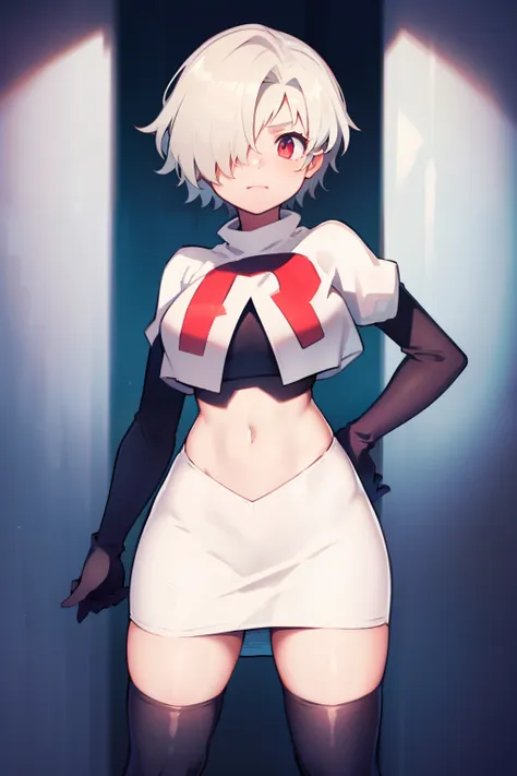 1girl, standing, portrait, 独奏, hair above one eye, short hair, team rocket,team rocket uniform,white skirt,red letter r,crop top...