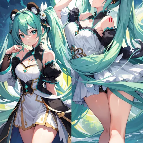 (Recommended results: masterpiece, best quality)

Admire the enchanting portrait of Hatsune Miku, (masterpiece, best quality, best quality, official art), showcasing her beautiful and intricately designed features. (1 girl: 1.3)

Her slender figure is acce...