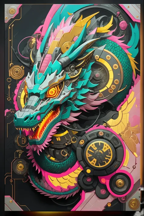 brightly colored dragon head on a black background with a pink background, cyborg dragon portrait, intricate digital painting, robot dragon head, hyper detailed digital art, highly detailed digital artwork, robot mecha female dragon head, great digital art...