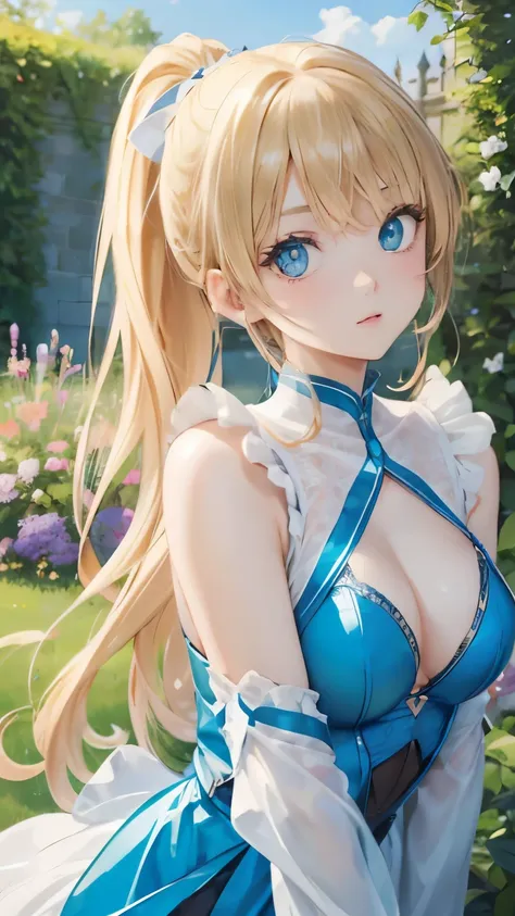 (masterpiece:1.2), (highest quality:1.2),, Curvy but slender body, perfect eyes, perfect face, perfect lighting, 1 girl, in the garden, （armor），（whole bodyが見える），（Paladin），（skirt），（sword），（ponytail），curly hair, fine clothes, detailed outdoor background, com...