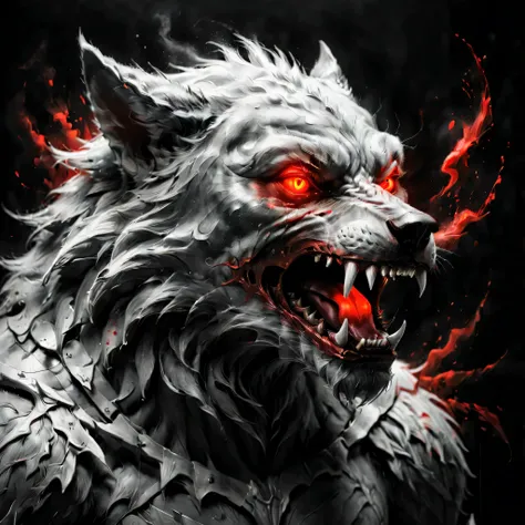 ((selective color)), drawing of werewolf with red eye, smooth lines, fine art piece, express expressions and postures through in...