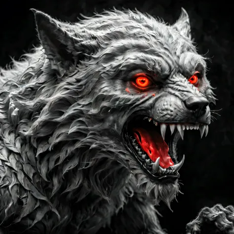 ((selective color)), drawing of werewolf with red eye, smooth lines, fine art piece, express expressions and postures through in...