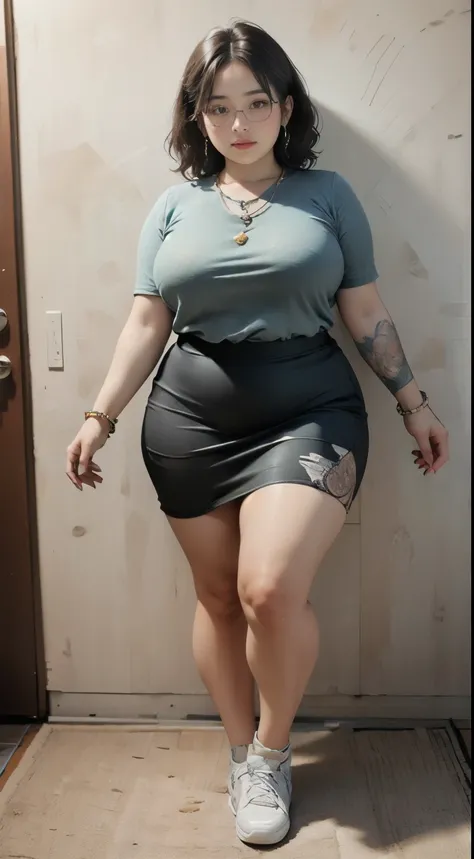 ((best quality)), ((masterpiece)), (detailed), perfect face, ((best quality)), ((masterpiece)), (detailed), perfect face, wanita chubby dewasa, wearing thight dress and thight skirt, chubby cheeks, chubby arm, chubby thighs, big breasts, wearing a sneakers...