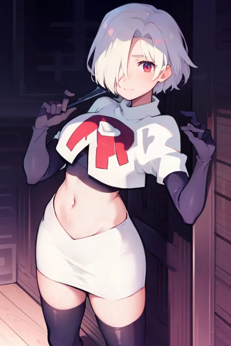 1girl, Standing, Portrait, 独奏, hair above one eye, Short hair, team rocket,team rocket uniform,white skirt,red letter R,crop top,black thigh-highs,black elbow gloves