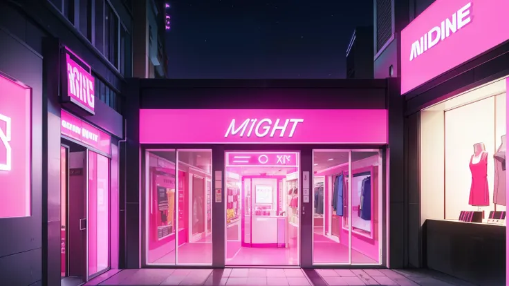 (Entrance to a clothing store), neon pink slightly, windows, very pink night sky