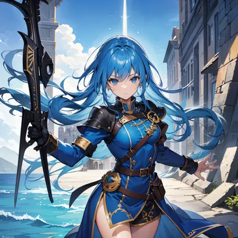 Blue uniform with bardiche Medieval Europe Fantasy 1 person In the city Mainly weapons Card illustration style