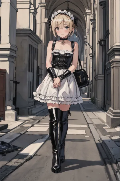 best quality,ultra-detailed,((background:outside street1,8)),(walk in the street),((one boy)),((fem boy)),((trap)),((bulge)),black-choker,((blonde short hair)),((man’s face)),((dress up as a woman)),((blush)),((flustred)),((poor chest)),((flat chest)),((go...