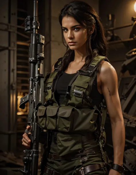 hermoso sniper woman, Cara de Oriente Medio, pelo negro muy corto, peinado de estilo militar con los lados afeitados, piel bronceada, ojos verde muy claro, cuerpo musculoso, brazos musculosos con tatuajes, robotic hands, Abdominales trabajados, Camiseta si...