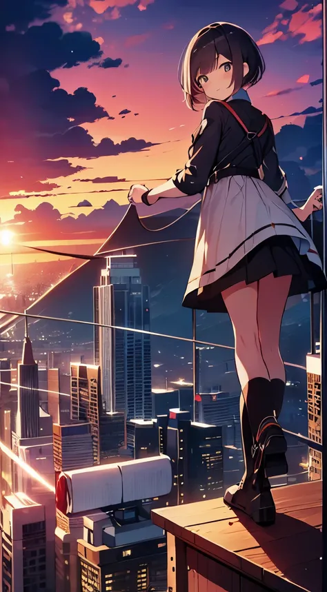 table top, highest quality,shape, wallpaper, Super detailed, absurd, 16 year old girl, alone, (medium short hair、play the guitar、smile、Overlooking the city from the top of the hill、the sunset is beautiful