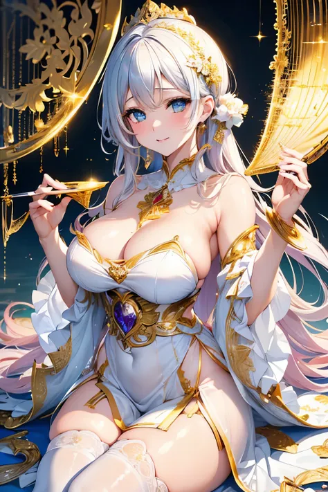 best quality, 32k, RAW photo, incredibly absurdres, extremely detailed, delicate texture, beautiful goddess, wearing white lace see-through hagoromo, large shining gold plated harp, background fantastic haze, scattered gold powder, iridescent pastel colors...