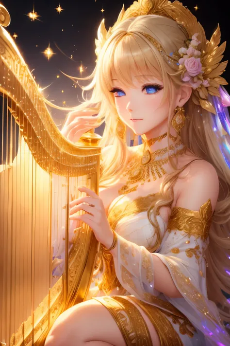 best quality, 32k, RAW photo, incredibly absurdres, extremely detailed, delicate texture, beautiful goddess playing a large shining gold plated harp, background fantastic haze, scattered gold powder, iridescent pastel colors, professional lighting