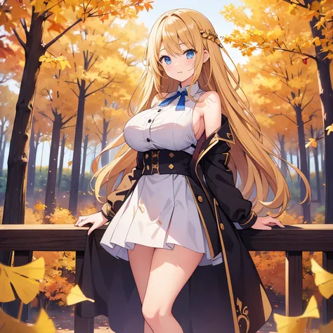 (masterpiece), highest quality, original, 1girl, long blonde hair, huge breasts, standing outdoors under ginkgo tree forest, golden autumn leaves falling, aesthetic scenery, extremely beautiful girl, intricate details, (danbooru), (original)