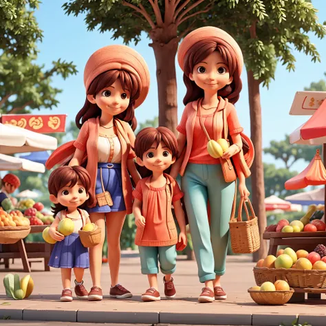  with his mother at an open-air market buying fruit 