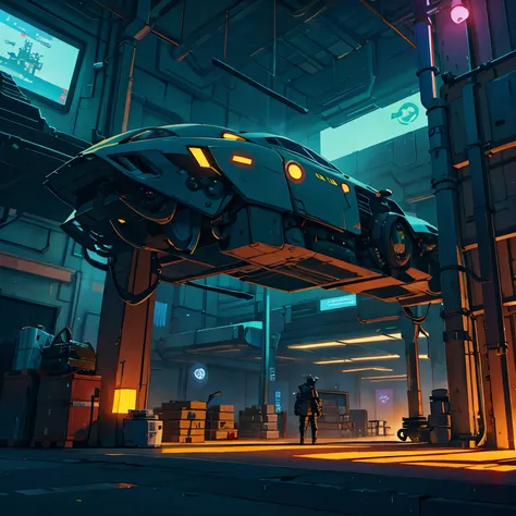 Scene of a futuristic warehouse, at night