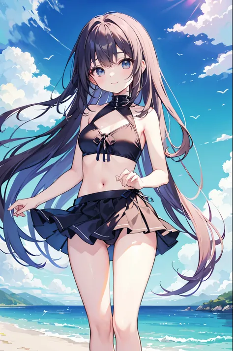 ((master piece、8k、highest quality、perfect fingers: 1.3、perfect anatomy: 1.3、background blur))、(10 years old、lolita: 1.4)、(straight long hair 、Super miniskirt high neck bikini、Slender beautiful girl: 1.5)、(Landscape、standing position、wide shot、best smile:1....