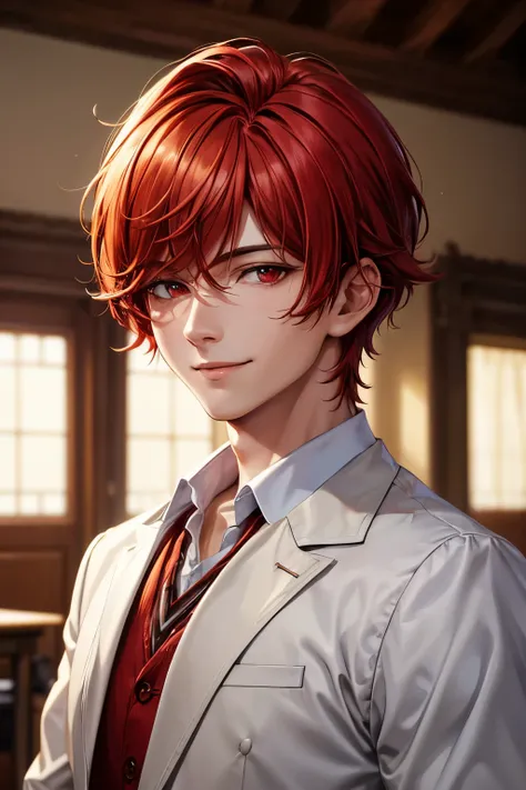 (masterpiece, best quality, absurdres), high quality, highres, ultra detailed, intricate, depth of field, cinematic lighting, soft lighting, handsome man with red hair looking at the viewer, comma hair style , red eyes , short hair, school outfit ,smile