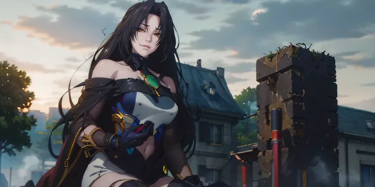 (shaded face:1.2), hollow eyes, yellow eyes, looking at viewer, heavy breathing, smirk, uppert teeth, long hair, black hair, blue eyes, breasts, 1girl, moon, abs, sky, solo, grass, red_eyes, full_moon, star_(sky), thighhighs, sitting, breasts, night, navel...