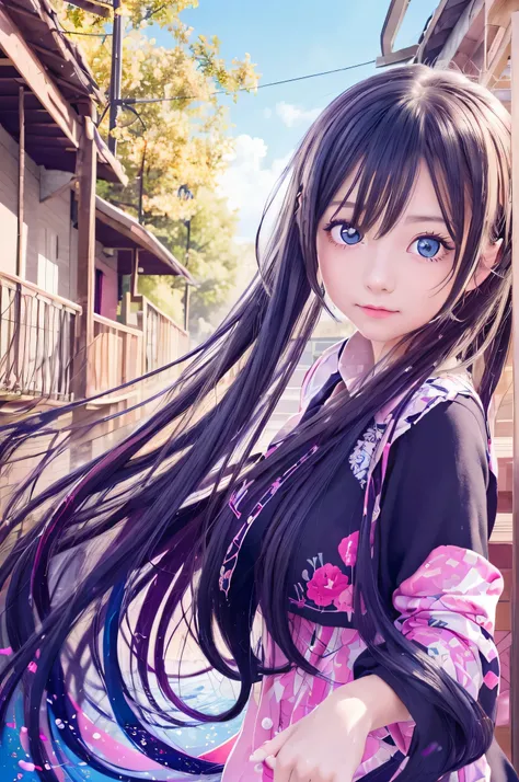 ((RAW image quality:1.4)), Girl with long hair and blue eyes in front of colorful background, cute girl visual, Moe art style, smooth art pictures, Hololive, visual novel, beautiful high school girl, splash art , hanayamata, portrait, かわいいリアルなportrait, eve...