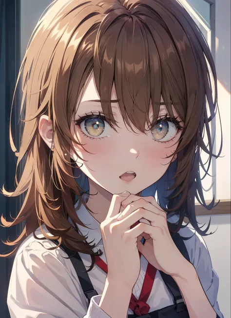 irohaisshiki, isshiki iroha, long hair, brown hair, (brown eyes:1.5), open your mouth wide, closed one eye,raise one hand,yawnin...