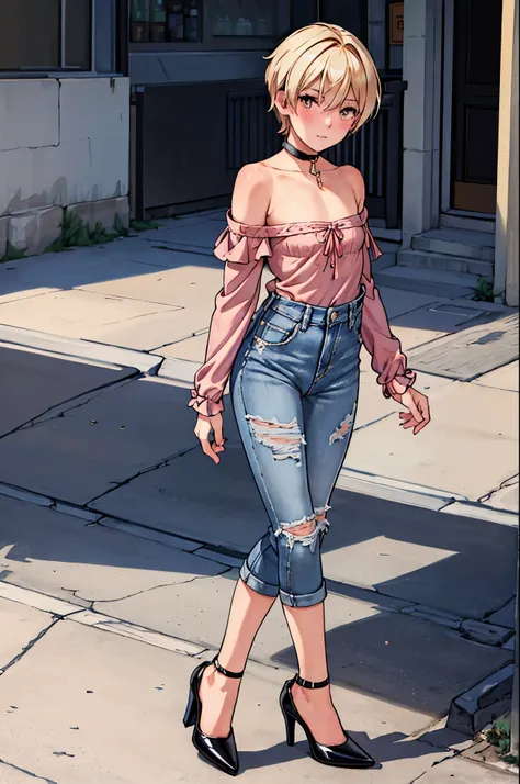 best quality,ultra-detailed,((background:outside street1,8)),(walk in the street),(cowboy shot),((one boy)),((fem boy)),((trap)),((bulge)),black-choker,((blonde short hair)),((man’s face)),((dress up as a woman)),((blush)),((flustred)),((poor chest)),((fla...