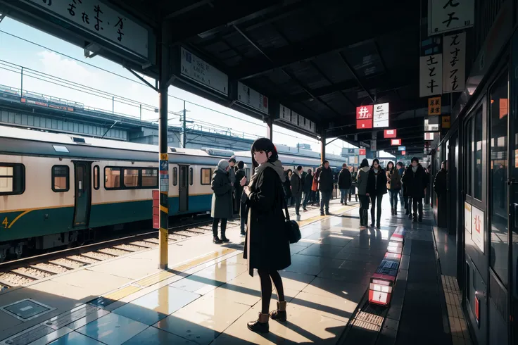 A cute girl in a train station surrounded by a crowd, perspective wish above, japanese train station, full body, winter dress, she is in the distance, watching the viewer, Wearing a coat, people