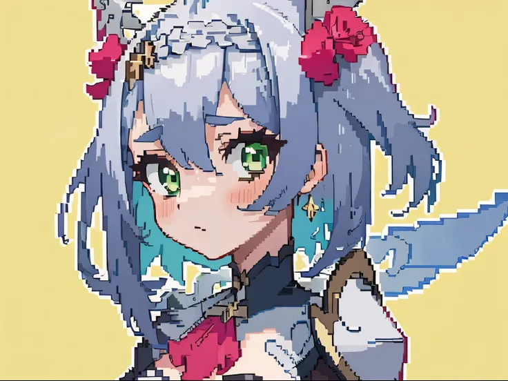 masterpiece, high quality, hcnone, pixel art, 1girl, noelle genshin impact, silver hair, green eyes, simple gold color background