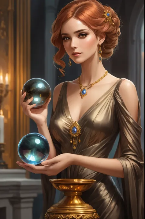 a woman in a gold dress holding a crystal ball, a woman holding an orb, realistic fantasy illustration, by Cynthia Sheppard, fantasy art behance, artgerm julie bell beeple, graphic artist magali villeneuve, 8k high quality detailed art, inspired by Cynthia...