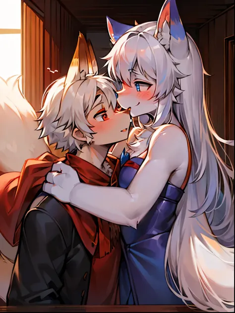 fox boy，male focus，Characteristics of a four-year-old boy，hairy man，blue eyes，white hair，fox girl，female focus，Characteristics of a four-year-old girl，hairy woman，red eyes，hair，shy expression，happy，Little couple，kiss