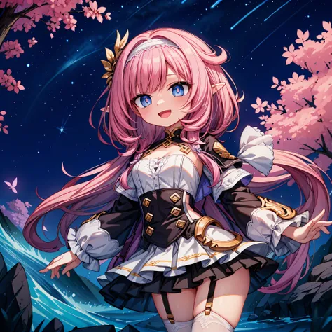a girl,best picture quality,Long pink hair,short jacket,lace headband,short skirt,with a smile,Blue-pink pupils,Elf-like ears,Collapse(series),High in the mountains,under the stars,best quality,wave,for the audience,Vivid pupils,Bangs,Chest:d,white garters