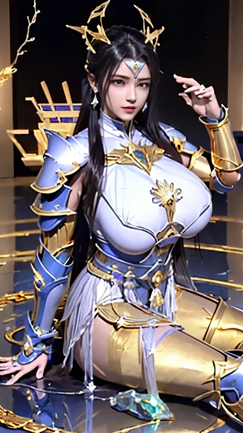 A perfectly realistic cyberpunk style Capricorn Saint Seiya, (Saint Seiya) (golden armor: 2), Metallic (Mech textures) (golden texture: 1.5) (leg: 2) on belly, 抬leg, recline (open air) (buttocks) for the audience (Off the shoulder style) (拥有无数的超级Big gemsto...