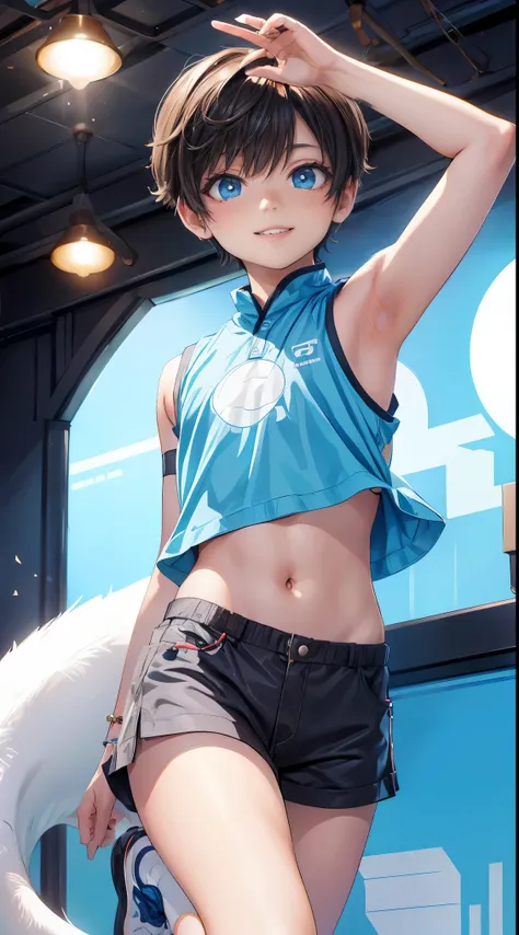 masterpiece、（highest quality)、((high level image quality))、one beautiful boy、((navel exposure、armpit shirt costume))、(detailed b...