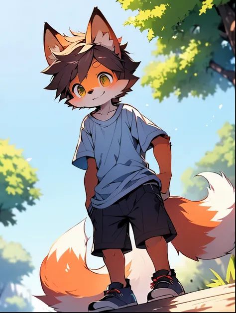 Panoramic outdoor views，fox boy，male focus，Furry Shota，Bright Eyes，Height 1.6 meters，summer shirt，summer shorts，Smile