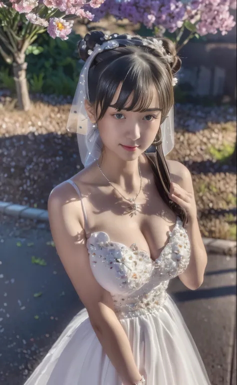 (((Pixel perfect, Perfect details))), alone, 1 girl, keke tang,  Close-up of beautiful bride wearing beautiful wedding dress,Gurwitz, (bridal veil:1.5），（transparent short veil：1.5），blush，eye shadow，Blushing face，Head flower，headgear，bouquet，（tube top weddi...